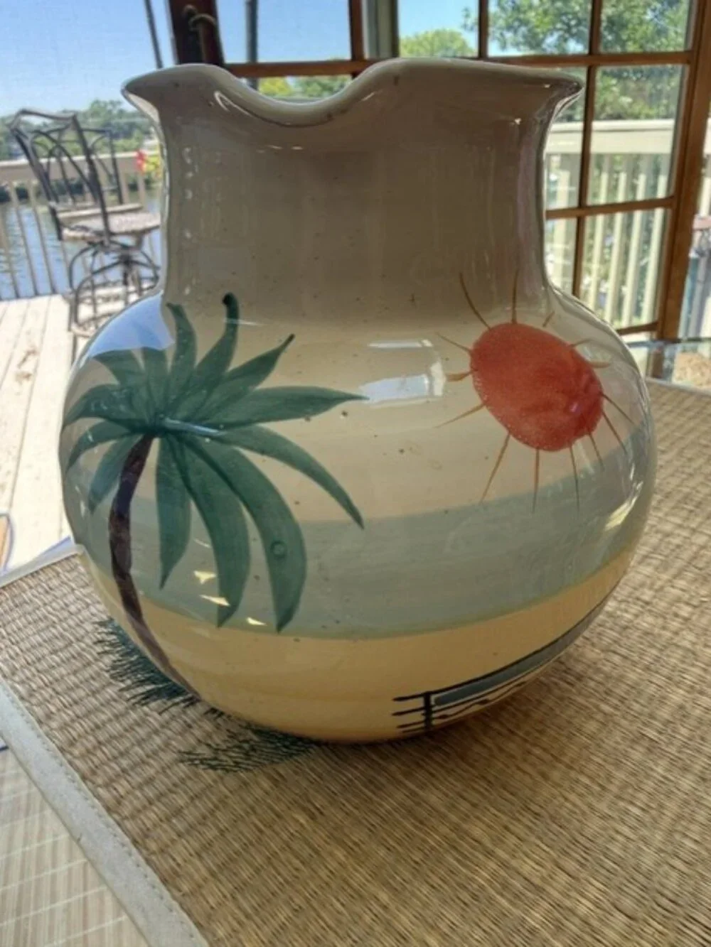Pier 1 Imports Ceramic Colorful Pitcher Made in Italy Hand Painted Beach Scene